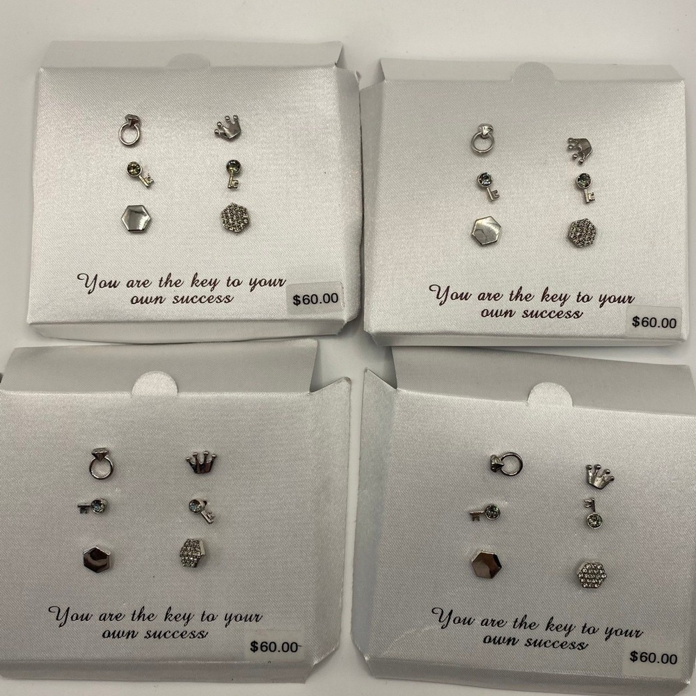 4 Sets of Three Pairs Stud Earring with Swarovski‎ Crystals Silver Plate